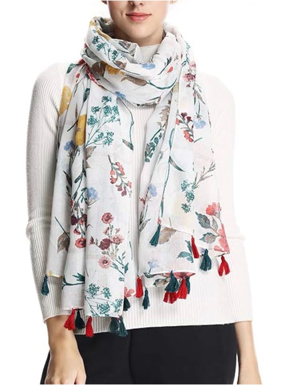 FLORAL SCARF TASSEL TRIM LIGHTWEIGHT HEAD SCARVES WHITE SILVER LUREX OSFM